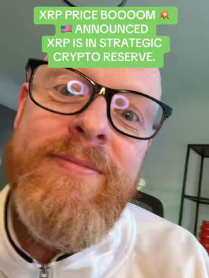 A man with a red beard and glasses is the central figure. The background is a light shade of green. Over his head are three green blocks of text that say XRP price boooom, a flag, announcing, and XRP is in strategic crypto reserve.