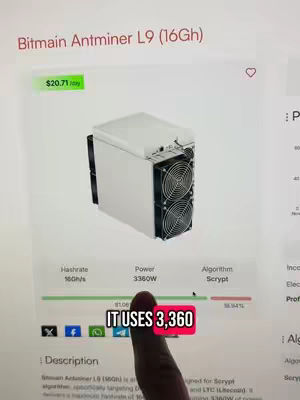 The cover image shows a close-up of a computer screen displaying the specifications of a Bitmain Antminer L9, a cryptocurrency mining machine. The screen shows details like hashrate, power consumption (3360W), and the Scrypt algorithm. A finger is pointing to a red box highlighting the power usage. The background color is light gray, and the overall layout is technical.