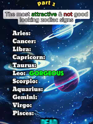 A cosmic-themed graphic with a dark blue background filled with stars and nebulas. Planets with rings are scattered across the image. A white banner at the top says 'part 1' and another at the top says 'The most attractive & not good looking zodiac signs'. Below, a list of zodiac signs is displayed, with 'Leo: GORGEOUS' highlighted in green.