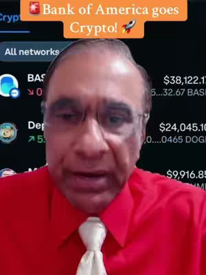 A man in a red shirt and white tie is the main subject, set against a blurred background of a crypto currency trading app. A text overlay states: Bank of America goes Crypto!
