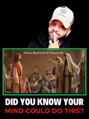 The cover image is divided into two main visual elements, overlaid against a black background. At the top-right, a light-skinned man with a beard, glasses, and a baseball cap is featured. He is looking towards the bottom-left with a finger touching his lips in a contemplative gesture. Below him is the artwork, depicting a scene from the Bible featuring Jesus among several people, with a green border encapsulating the tableau. Below the biblical scene, bold white text emphasizes the image's message.