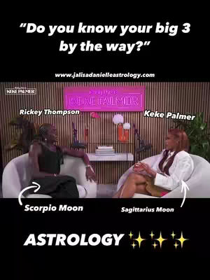 The image features Keke Palmer and Rickey Thompson on a talk show set, with text overlays indicating astrological themes and character names.