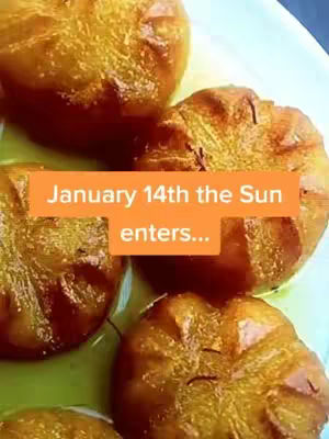The cover image shows a close-up of what appears to be a plate of fried, golden-brown food items, possibly pastries or desserts, with a vibrant orange rectangular text overlay. The food items are clustered and have a slightly textured surface. The background is a muted green. The text overlay reads, "January 14th the Sun enters..."