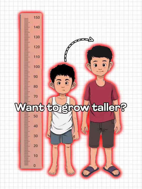 The image features a before-and-after concept illustrating height increase potential. On the left, a shorter cartoon boy stands next to a height measuring tool that shows his height. On the right, a taller boy, likely the same individual, is depicted. Animated elements like an arrow connecting the figures emphasize the transformation. The background is a grid pattern.
