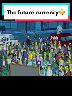 An animated scene from The Simpsons, featuring a large crowd of characters gathered outdoors. In the foreground, there's a group of people facing a dark gray rectangle. In the background, a red news van with the KBBL logo is visible, along with a Channel 6 news van and a backdrop of buildings and sky. The overall color palette is cartoonish, with many yellow-skinned characters and bright colors.