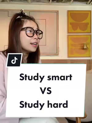 A young woman with glasses is looking towards the left and a rectangle with text overlay is in front of her, the text reads: Study smart VS Study hard.