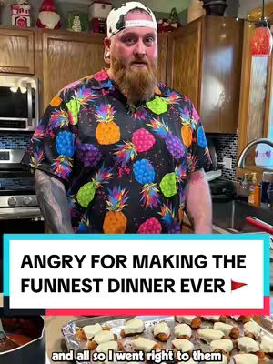 A man in a colorful pineapple-printed shirt and a cow-print hat is standing in a kitchen with wooden cabinets. A teal and white bar with overlaid text is at the bottom third of the picture, below a shot of some prepared food.