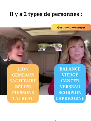 The image shows two women in a car, with text boxes overlaid highlighting different zodiac signs. The woman on the left is laughing while the woman on the right appears to be neutral. The background is blurred, suggesting a car interior.