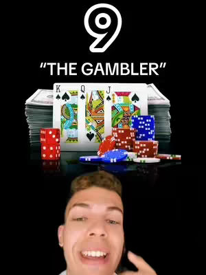 The cover image features a dark background with a visual representation of a casino setting. In the upper area, a large white number '9' is displayed. Below the number, the text "THE GAMBLER" is written in white font. The background displays poker cards, poker chips, dice and money stacks. A young man with short hair and an excited facial expression is shown in the foreground, looking up towards the text and symbols.
