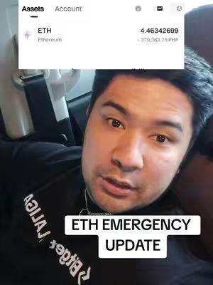 A selfie-style video featuring a man with short dark hair looking towards the camera. His expression is neutral. A white rectangular overlay displays cryptocurrency data. Another white rectangular text overlay states 'ETH EMERGENCY UPDATE'.