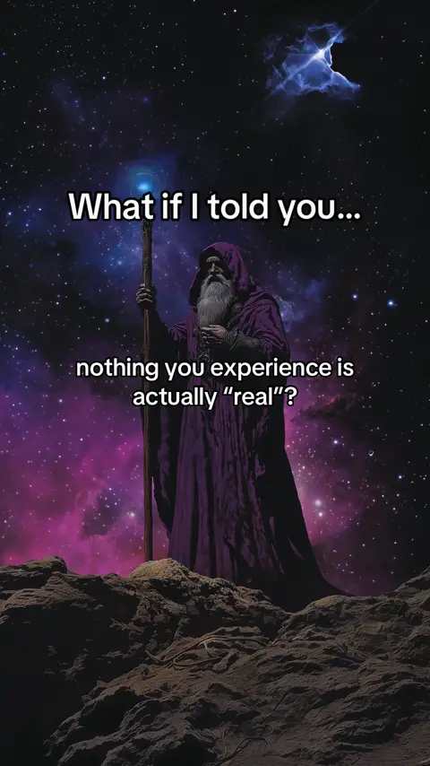 An artistic digital image with a mystical theme. It features a robed, bearded figure with a staff, standing on a rocky foreground. The background is a vibrant depiction of space, with nebulae and stars in purple, blue, and white hues. Text overlays at the top and middle of the image poses philosophical questions.