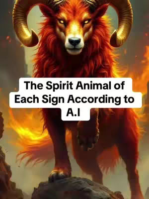 The cover image features a fiery red spirit animal, possibly a ram, with large horns and a fierce expression, set against a blurred background with faint hints of a landscape. Text overlay in a white box states "The Spirit Animal of Each Sign According to A.I."