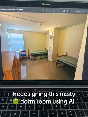 The cover image shows a computer screen displaying a potential dorm room renovation. The room is a simple space with two beds, a window, and basic furniture. The perspective is from a first-person view, with a keyboard in the foreground and the screen image visible above it. The overall composition is functional, emphasizing the contrast between the existing room and the concept.