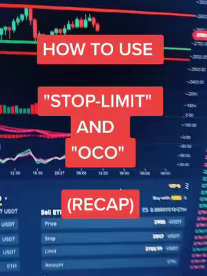 The image is a screenshot of a trading interface, possibly Binance or a similar platform. The top section displays a candlestick chart in red and green, indicating price movements. Below, there are red rectangular text overlays reading, "HOW TO USE", "STOP-LIMIT" AND "OCO" and "(RECAP)". The bottom part of the screen shows details for a trading order with fields like "Price", "Stop", "Limit", and "Amount", indicating potential parameters for a trade. The background is a dark theme, typical of trading platforms, and the overall layout suggests a tutorial or educational content.