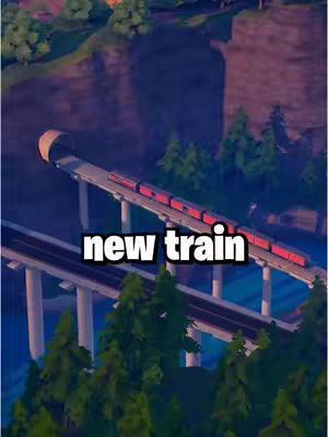 A video game scene featuring a train traveling on a bridge over a green landscape with trees and a river, overlaid with a text hook.