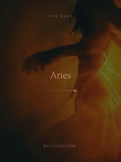 The cover image features a blurred, artistic representation of a person in motion, likely a dancer, against a backdrop of warm, fiery tones. Text overlays such as 'FIRE SIGNS' and 'Aries' are present.