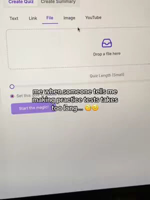 The image shows a screen capture of a quiz creation interface with several options presented at the top in a menu bar. In the central area, there's a field to drag and drop a file, and a button to set the quiz and then to start the magic.