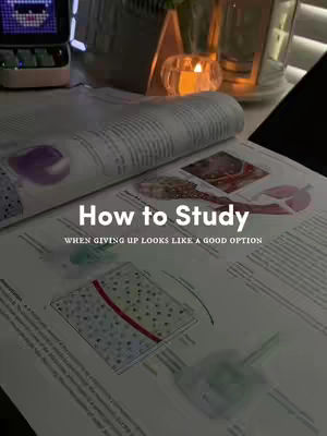 The cover image shows an open textbook on a desk. The pages are filled with text and diagrams. In front of the book is a rolled-up paper. On the upper left, a computer with a screen showing pixelated images. A small candle is lit and a cup is nearby. White text overlay reading "How to Study" at the top, the smaller text "WHEN GIVING UP LOOKS LIKE A GOOD OPTION" is beneath. The image has a warm, dim lighting.
