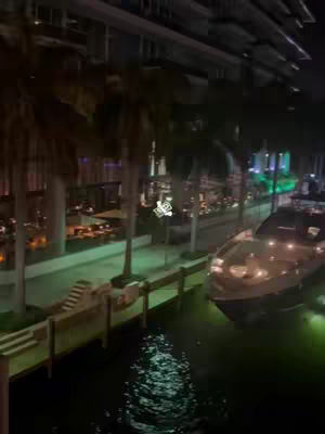 A nighttime shot from an elevated perspective shows a city scene with a waterway in the foreground. A modern building with lit windows is on the left, and tall palm trees line the walkway. A boat is docked in the water, with green lights reflecting in the water. The overall composition is dark and atmospheric, with the lights providing contrast to the night. The camera angle is slightly downward, looking over the water towards the buildings.
