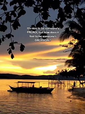 A tranquil sunset scene over a calm body of water, with a silhouette of a boat near the center. Dark foliage frames the top and sides, and text overlays are present on the image.