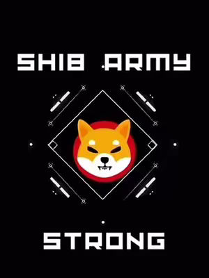 The image features a stylized design on a black background. The central element is the Shiba Inu dog logo, enclosed within a red circle, which is centered inside a white diamond shape outlined by a white square. White text, composed of block letters, is positioned above and below the central design, spelling out "SHIB ARMY" and "STRONG", providing a sense of community and support. The color palette is limited to black, white, and red, emphasizing the Shiba Inu brand.