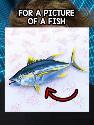 The cover image shows a close-up of a fish, a tuna, with its body colored blue and yellow fins. The background features a light pink pattern with white stylized fish shapes, and an arrow pointing to the fish. Above the fish in a text overlay at the top is the text 'FOR A PICTURE OF A FISH'.