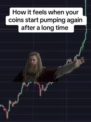 The cover image uses a meme format with a character from a movie, Thor, seemingly pointing at the rising line of a stock chart on a dark, grid-lined background. Text in a white box at the top reads something about pumping coins. The chart visually represents a cryptocurrency's value going up.