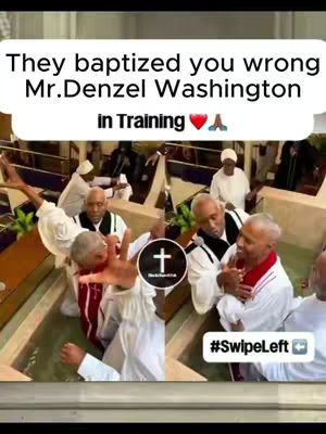 A split image shows a baptism scene. On the left, a man places his hand on another's head in a pool during a baptism. On the right, the same scene repeats with different participants. Text overlays the top showing the conversation topic related to the baptism of a celebrity. Additional text at the bottom right encourages users to swipe for more content.