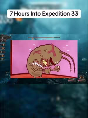 The cover image is a vertical graphic, visually divided into three sections. The top segment contains a large, white text overlay that reads '7 Hours Into Expedition 33'. The middle portion is dominated by an illustration of a cartoon character, set against a pale pink background. The character, likely from a cartoon, appears to be a brown, bean-shaped figure with one visible eye emitting a yellow glow, and a mouth opened in a distressed expression. The character's pose suggests frustration or anguish. The illustrations beneath the character are partially obscured, hinting at a digital interface or game screen, with elements of a blue and green marine environment. The overall aesthetic is a playful blend of pop culture reference.