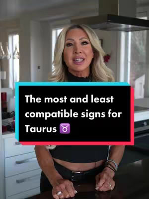 A woman with blonde hair stands in front of a kitchen, with a graphic overlay containing text about Taurus compatibility.