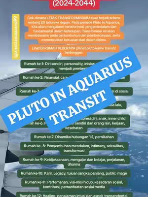The image has a light blue angled banner over a background that appears to be taken through a plane window. The banner contains the text "PLUTO IN AQUARIUS TRANSIT" in prominent white lettering. Below this are a series of smaller text blocks in green and orange, with some descriptions of what the Transit entails.