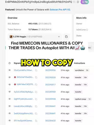 The cover image is a screenshot of a crypto trading platform's interface. It presents a white background with detailed financial data organized in multiple columns. At the top, it displays Solana-related information, while the lower section focuses on trade transactions. The text overlays are prominent, highlighting aspects like 'MEMECOIN MILLIONAIRES' and 'HOW TO COPY', which are centrally positioned. The image has an overall design that seems professional and user-friendly.