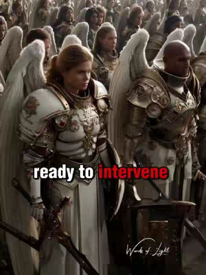 A cinematic image shows a group of figures in an ethereal setting, possibly angels, dressed in ornate armor and wielding weapons such as swords. The figures have large, feathered wings. Text overlays on the bottom describe action, and a watermark appears in the lower right corner.