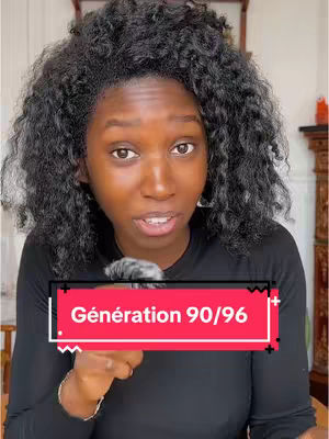 A woman with dark curly hair looks directly at the camera. She has a neutral expression. A red banner with white text that says "Génération 90/96" is overlaid on the image. The background is blurred, but includes hints of interior elements.