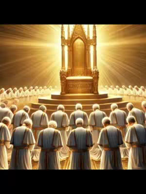 An artistic rendering depicts a heavenly scene with a golden throne as the focal point. The throne is ornate and placed on a stage of tiered steps. Bright, radiant light emanates from behind the throne, illuminating the space. Numerous figures, dressed in white robes, are gathered in worship facing the throne. The overall composition features a symmetrical layout, with golden hues dominating the color palette to create a sense of divinity and reverence.