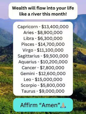 The image shows a background of green mountains and a blue sky. Overlaid is a white rectangle containing text in a sans-serif font. The text includes the phrase "Wealth will flow into your life like a river this month!", followed by a list of zodiac signs with associated monetary amounts ranging from $5,800,000 to $15,000,000. Below this list is another white rectangle with the text "Affirm ‘Amen’ " and a praying hands emoji.