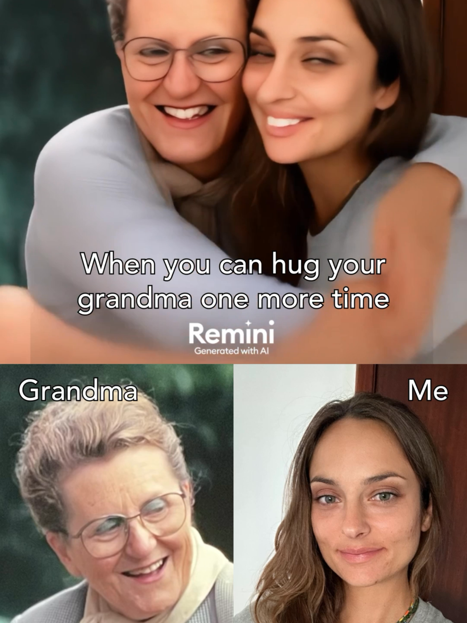 The image is a split composition. The top half shows an AI-generated image of two women hugging, evoking warmth and emotional connection. The bottom half is split horizontally, with a photo of an older woman on the left and a younger woman on the right, set against a plain white background, captioned as 'Grandma' and 'Me,' respectively. The older woman wears glasses and looks directly at the camera with a kind expression, while the younger woman gazes slightly off-camera with a soft smile. The image uses a consistent color palette, primarily of warm tones, to create a heartfelt and positive visual narrative.