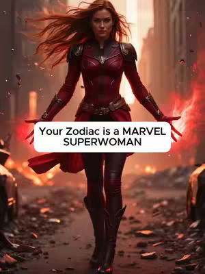 A dynamic image captures a woman in a superhero-inspired stance against a backdrop of a city in flames. The woman, with flowing red hair, wears a red and black costume with intricate details. A white rectangular overlay at her midriff reads 'Your Zodiac is a MARVEL SUPERWOMAN'. The composition is visually striking, set against a dramatic, blurred background of a city and fiery explosions.