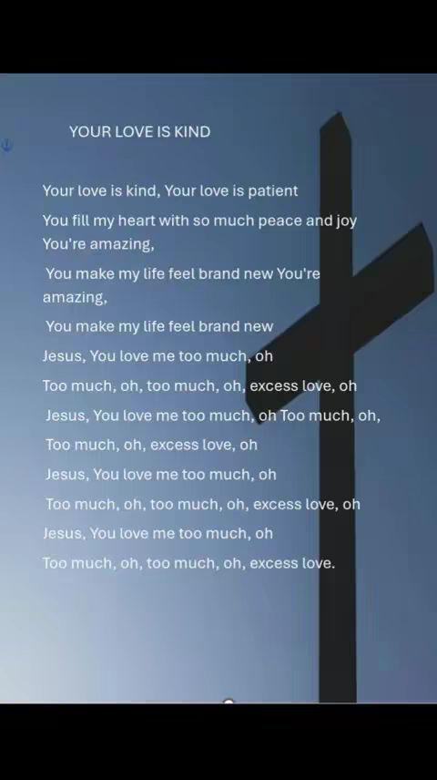 The image is a visual presentation of lyrics from a song with a Christian theme. The background features a gradient, shifting from a darker blue at the top to a lighter tone at the bottom. The lyrics are arranged in a vertical list, written in a simple, sans-serif font, and center-aligned. A black silhouette of a cross is positioned on the right side, contrasting with the lighter parts of the gradient and aligning with the lyrics.