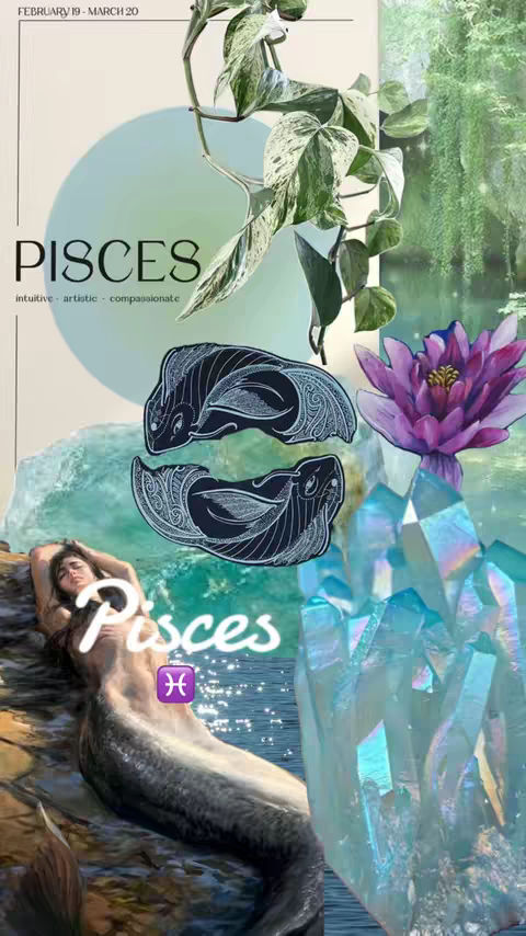 The image is a collage featuring a mermaid, crystals, a lotus flower, two fish, and foliage. The background has a gradient color scheme, and text overlays identify it with the Pisces astrological sign.