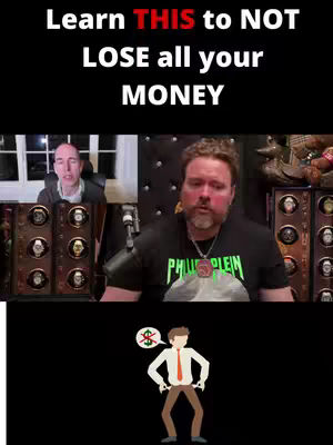 The cover image is divided into sections. At the top, a white text overlay against a black background reads, 'Learn THIS to NOT LOSE all your MONEY,' with 'THIS' in red. Below, the image shows two people from the chest up, one in a formal outfit on the left with a screen behind him. The other man, on the right, wears an all black outfit with the phrase "PHILLIP PLEIN" in neon green on his T shirt. At the bottom, against a black background, is an animation of a business man with empty pockets.