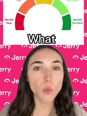 A woman is centered in the frame, looking towards the camera with a slight, yet inquisitive facial expression. Above her, a graphic presents a credit score visual aid, showcasing a spectrum from 'Poor' to 'Excellent'. The background is a vibrant pink, overlaid with the Jerry app logo.