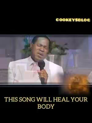 The cover image features a man, likely Pastor Chris, in a white suit with a light pink tie, holding a microphone while speaking. The background is blurred, containing a plant and light fixtures. The bottom of the image is a black bar with white text reading 'THIS SONG WILL HEAL YOUR BODY', overlayed. In the upper right corner, is the text cookeysblog.