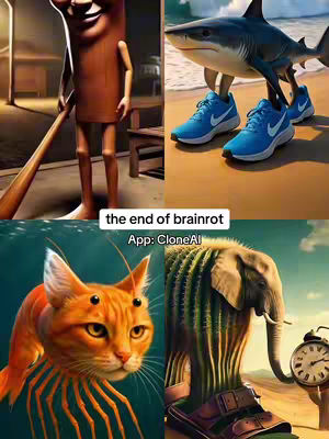 A collage of four AI-generated images set in a square frame. The images feature surreal and whimsical elements, including a creature resembling a hotdog with a baseball bat, a shark wearing sneakers, a cat integrated with a lobster and an eye, and an elephant with cactus-like skin and sandals. The background colors vary, with natural and surreal settings creating a dreamlike atmosphere. The layout is designed to contrast and blend these bizarre figures, and overlayed with the text caption.