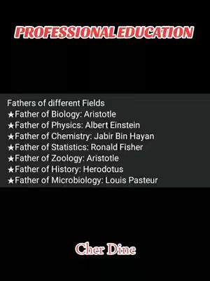 The image is a dark background with prominent text overlays. At the top, "PROFESSIONAL EDUCATION" is written in a bold, red and white font. Below this is a list titled "Fathers of different Fields". There are seven entries, each beginning with a star symbol and identifying the "Father" of a specific discipline (e.g., Biology, Physics) along with their name. At the very bottom is the text "Cher Dine" in a decorative font.