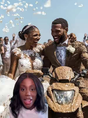 The cover image features a woman's face overlaid in the foreground, with a joyful wedding scene in the background. The bride and groom, covered in mud, are on an ATV, surrounded by wedding guests and white confetti. The overall composition is vibrant and celebratory, set against a sky backdrop.
