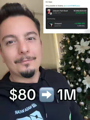 A man in a black hoodie is in a selfie-style video, the text overlay states '$80 -> 1M', a screenshot of a Crypto dashboard in the background shows Unicorn Fart Dust with a value of over $1,000,000.