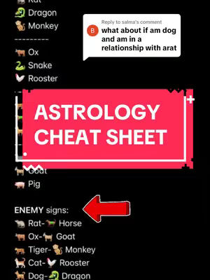 The cover image is a vertical screenshot featuring a black background with white text, and a red banner with white text. The red banner reads "ASTROLOGY CHEAT SHEET". To the right of the banner, there is a comment box with text that reads "what about if am dog and am in a relationship with arat". Furthermore, there are a series of images with text next to them. There are three columns with four signs in each column. There are two additional columns with text reading "ENEMY signs:"
