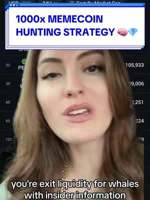 A woman with long brown hair looks directly at the camera with a serious expression. Above her head is a white banner that reads "1000x MEMECOIN HUNTING STRATEGY," with a brain and a diamond graphic. Beneath the banner, there's a gray area partly obscuring figures like "33", "39", "60", "63", and "121". Below, a text overlay says, "you're exit liquidity for whales with insider information."