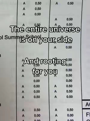 The image showcases a close-up view of a school paper or grade report, mostly filled with 'A' grades and corresponding point values. Overlay text is added for motivational or inspirational purposes, encouraging viewers. The background is plain, which puts the emphasis on the text and the grades.